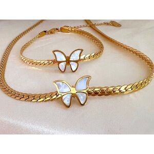 18K Gold Plated Butterfly Mother Of Pearl necklace SET Stainless womens Jewelry